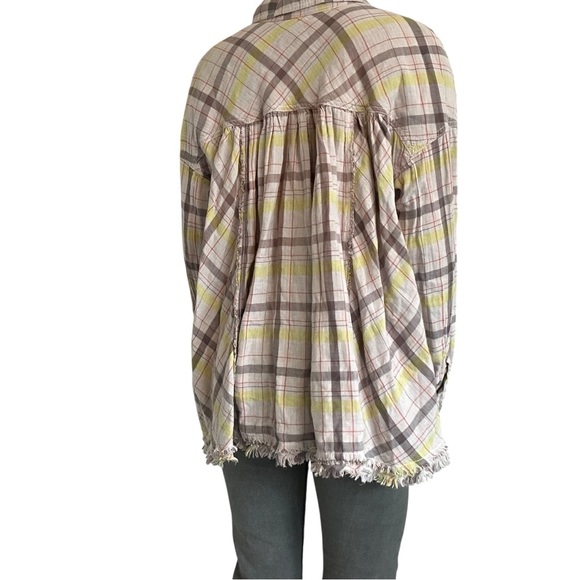Free People Oversized Flannel Shirt Plaid Pastel Cotton Boho Flowy Size Medium - Picture 2 of 7